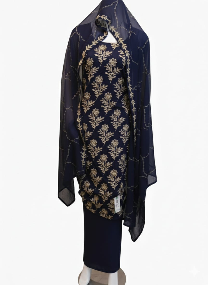 Navy Blue | Luxury Chiffon Embroidered