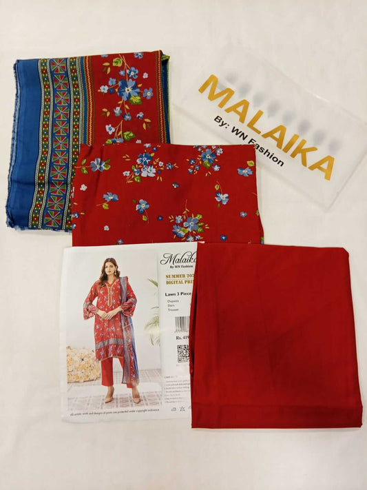 Malaika 3pc Unstitched Lawn Collection - Red