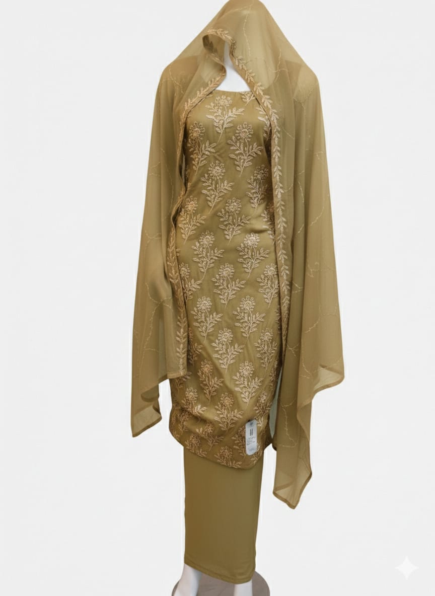 Light Olive | Luxury Chiffon Embroidered