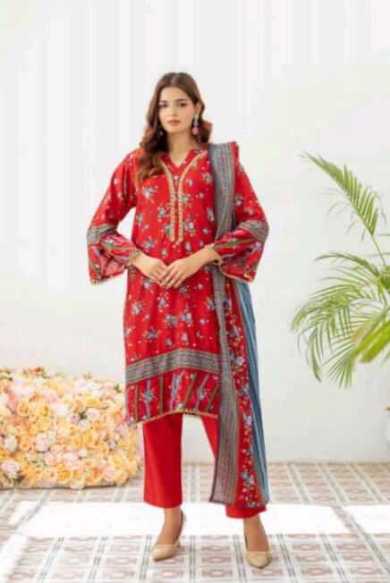Malaika 3pc Unstitched Lawn Collection - Red