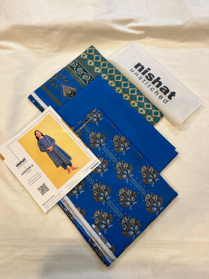 Nisha By Nishat 3pc Unstitched Lawn - Blue, includes fabric pieces and a printed shirt catalog.