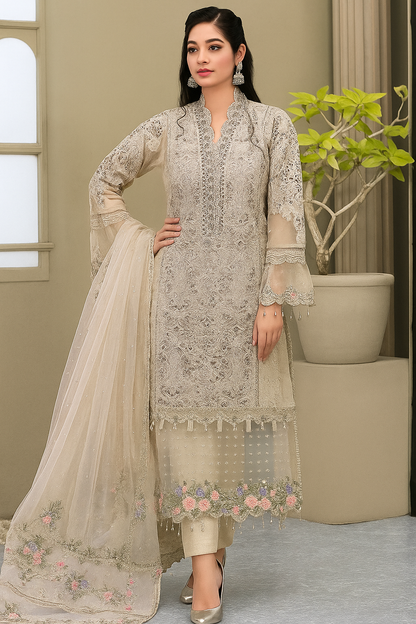 Full front shot of the Maria B Luxury Organza Embroidered Skin replica showcasing the hand-embellished V-neckline and pearl tassels.