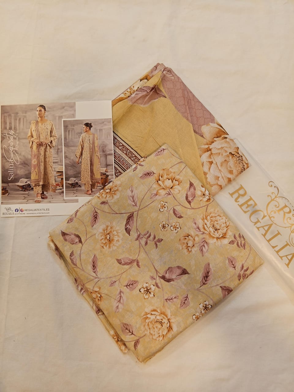 Detailed view of the beige patterns and high-quality weave of Salina Separates Lawn Collection.