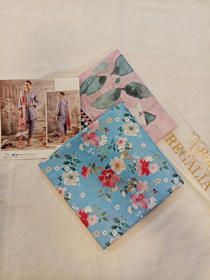 Close-up of the refreshing sky blue print and soft texture of Salina Separates Lawn Collection.