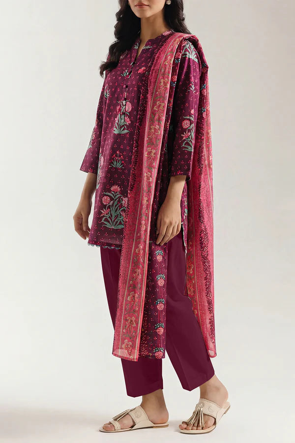 Plum | Saya 3pc Unstitched  Self Strip Lawn Suit