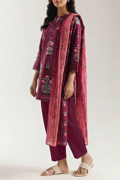 Plum | Saya 3pc Unstitched  Self Strip Lawn Suit