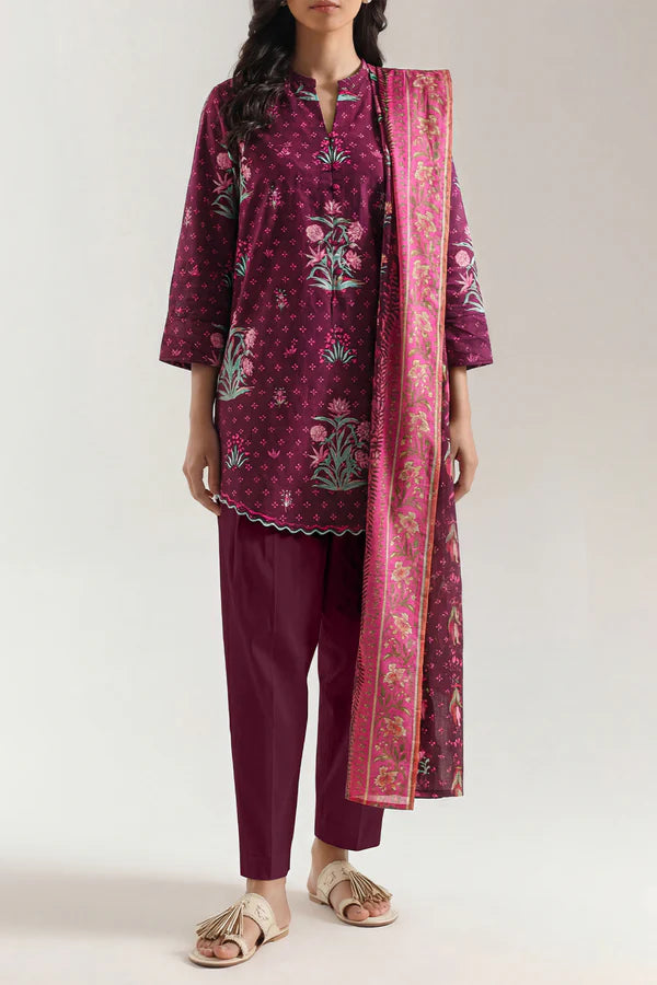 Plum | Saya 3pc Unstitched  Self Strip Lawn Suit