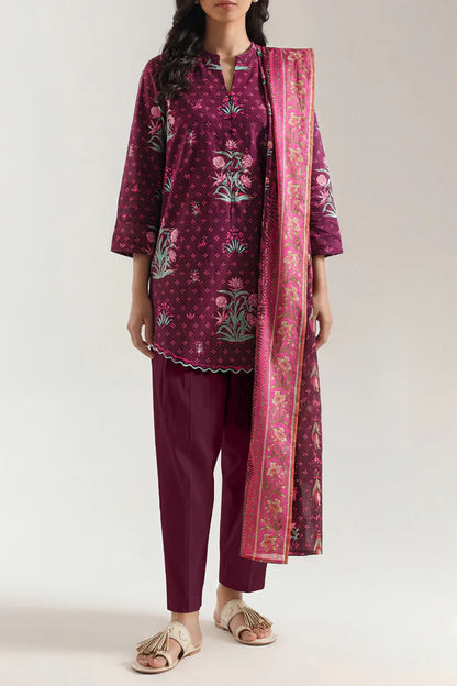 Plum | Saya 3pc Unstitched  Self Strip Lawn Suit
