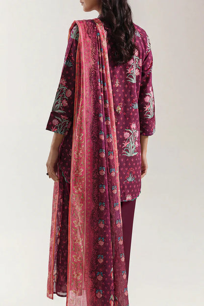 Plum | Saya 3pc Unstitched  Self Strip Lawn Suit