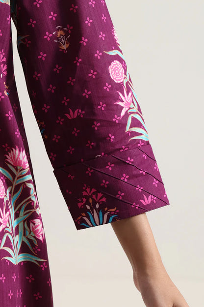 Plum | Saya 3pc Unstitched  Self Strip Lawn Suit
