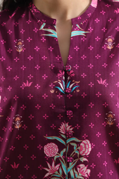 Plum | Saya 3pc Unstitched  Self Strip Lawn Suit