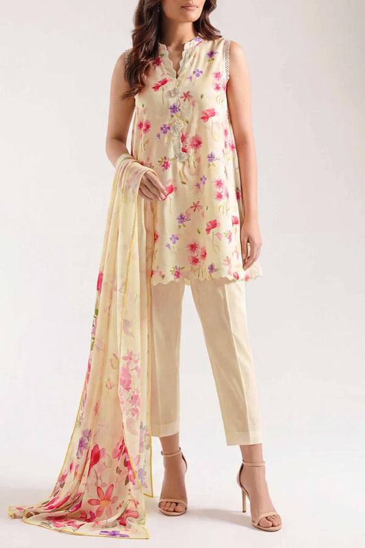 shot of the Saya Printed Lawn Suit Pastel Yellow