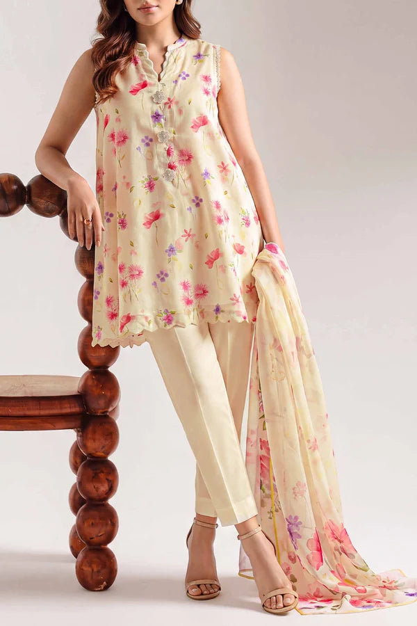 shot of the Saya Printed Lawn Suit Pastel Yellow