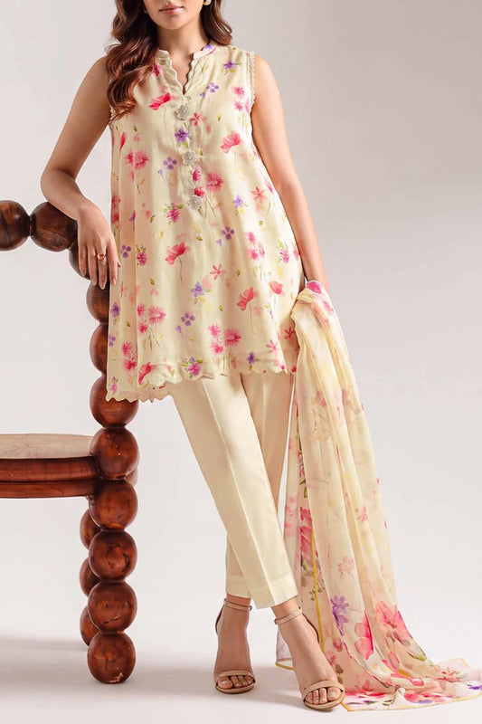 shot of the Saya Printed Lawn Suit Pastel Yellow