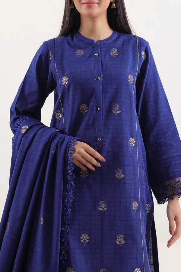 Saya Cotton Jacquard 3pc in navy blue with intricate floral design and button details