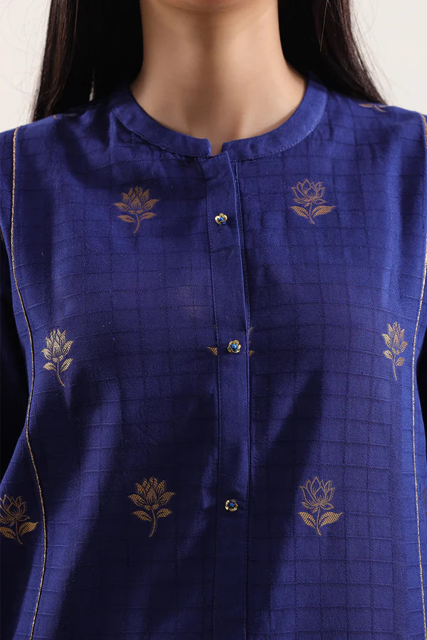 Close-up of Saya Cotton Jacquard 3pc shirt in navy blue, featuring intricate floral embroidery and buttons.