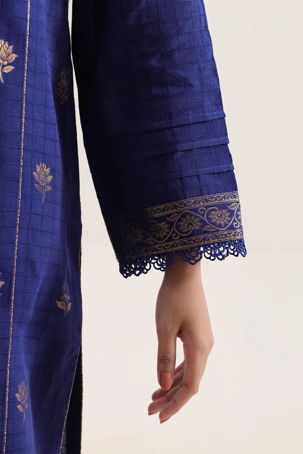 Close-up of sleeve detail featuring intricate embroidery on Saya Cotton Jacquard 3pc - Navy Blue.
