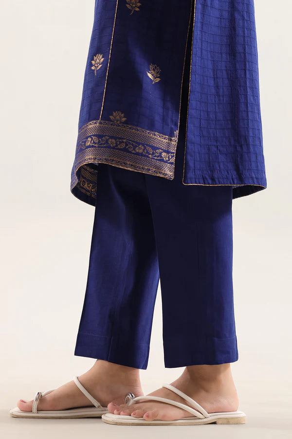 Saya Cotton Jacquard 3pc in navy blue showcased with detailed embroidery and stylish pants