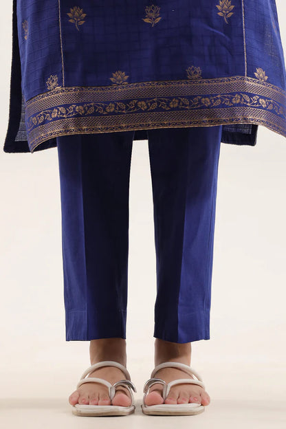 Saya Cotton Jacquard 3pc in navy blue, showcasing the bottom of the outfit with sandals.