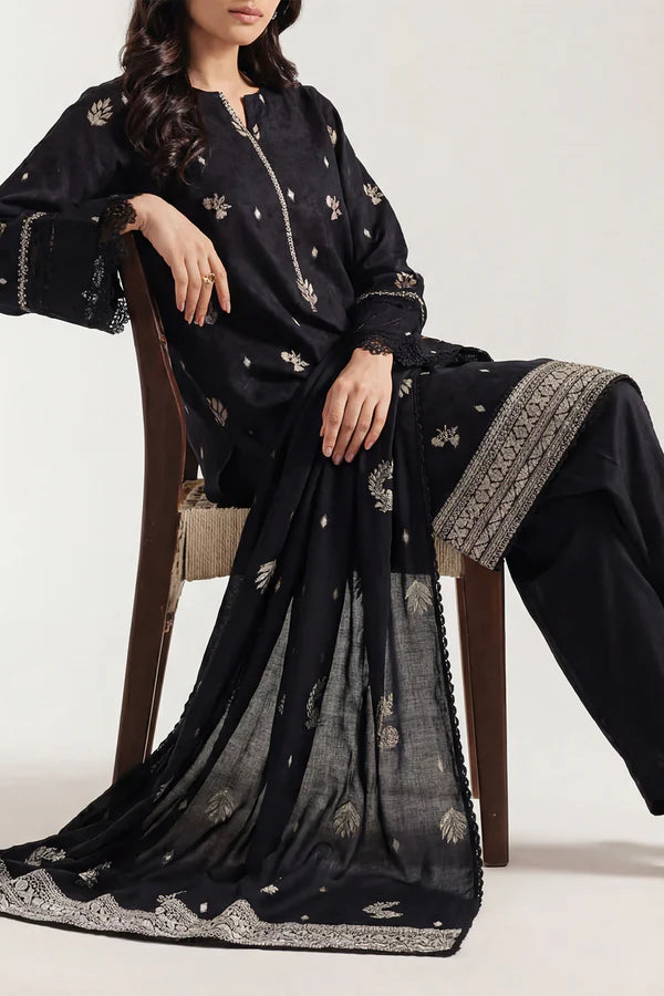 Saya Cotton Jacquard 3pc - Black outfit displayed on a model, showcasing intricate embroidery and elegant design.
