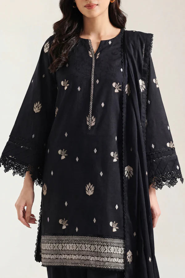 Saya Cotton Jacquard 3pc - Black with intricate embroidery and elegant design, showcasing a stylish outfit for special occasions.