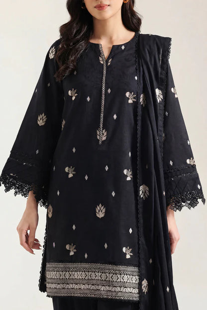 Saya Cotton Jacquard 3pc - Black with intricate embroidery and elegant design, showcasing a stylish outfit for special occasions.