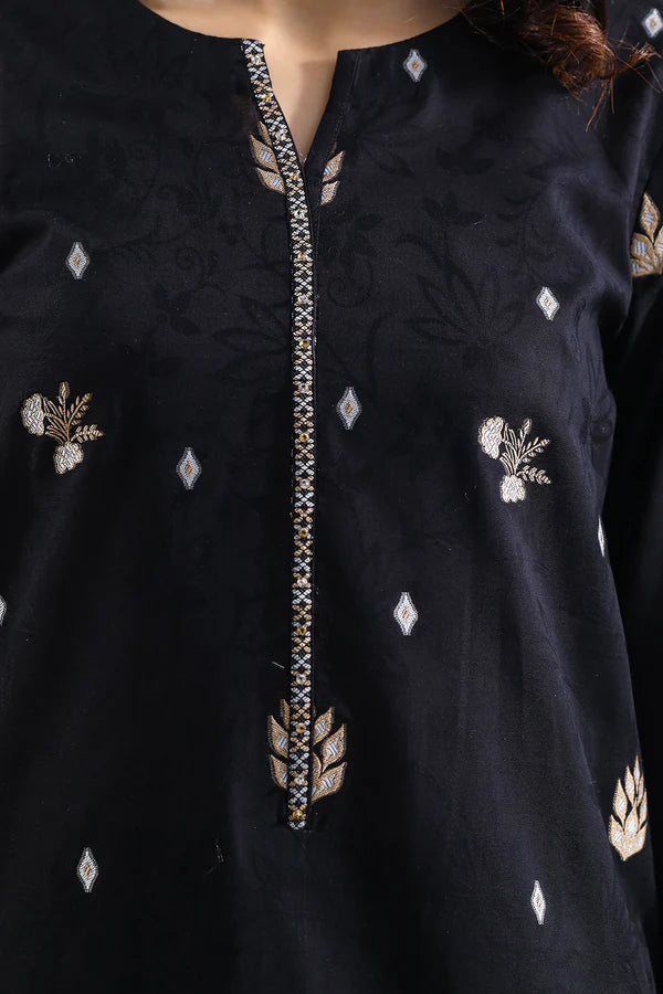 Saya Cotton Jacquard 3pc in black with intricate embroidery and decorative neckline details.