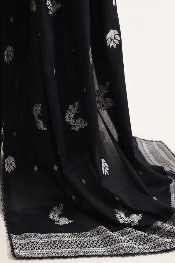 Saya Cotton Jacquard 3pc - Black with elegant floral and geometric embroidery design.