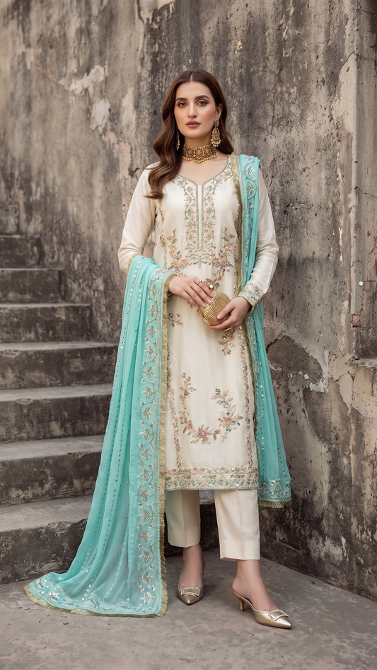 Vintage Silk Luxury Embroidered - White 3-Pc | Replica